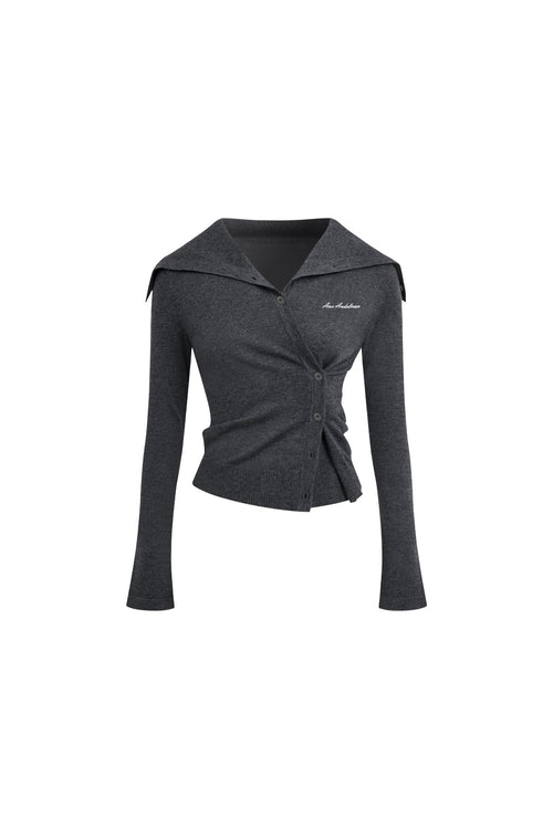 Gray Slanted Button Collar Fitted Top - ANN ANDELMAN