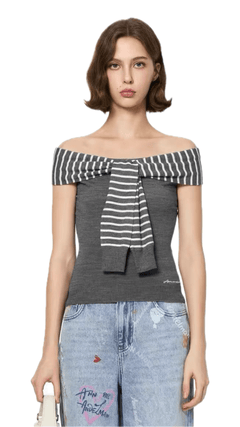 Gray Striped Off-shoulder Top - ANN ANDELMAN