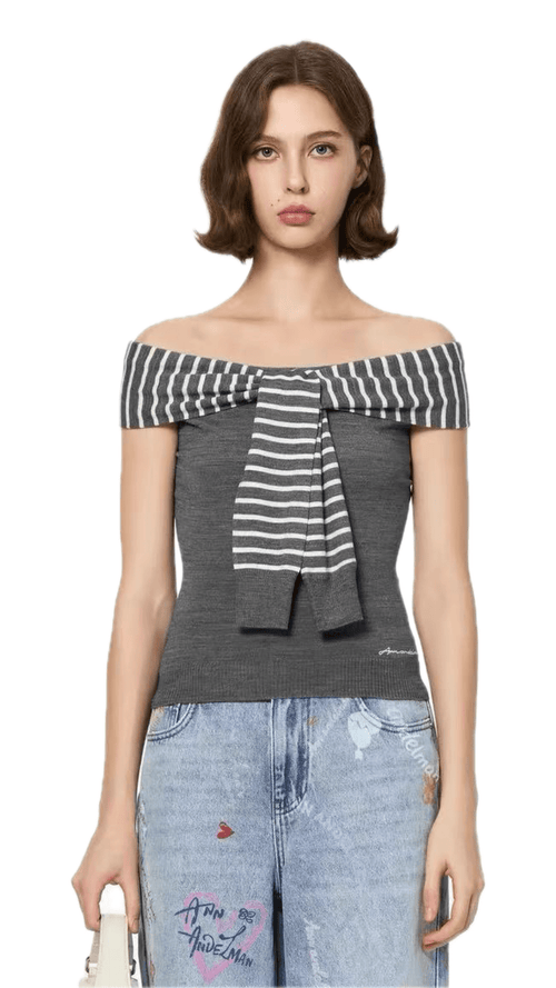 Gray Striped Off-shoulder Top - ANN ANDELMAN