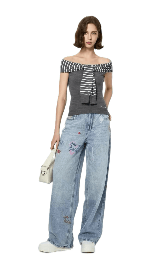 Gray Striped Off-shoulder Top - ANN ANDELMAN