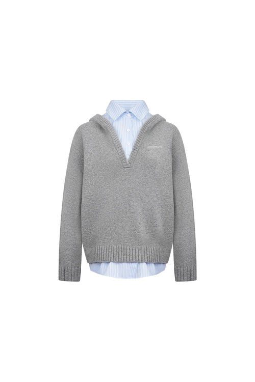 Gray Two - Piece Detachable Shirt Hooded Knit Sweatshirt - ANN ANDELMAN