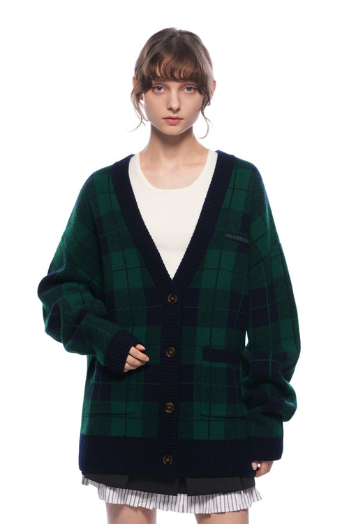 Green Plaid Knit Cardigan - ANN ANDELMAN