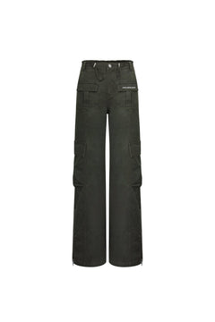 Green Washed Cotton Pants with A Slightly Low Waist - ANN ANDELMAN