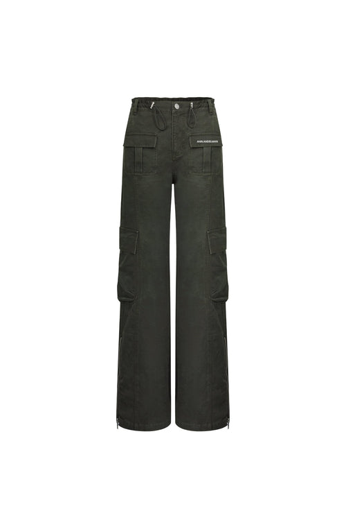 Green Washed Cotton Pants with A Slightly Low Waist - ANN ANDELMAN