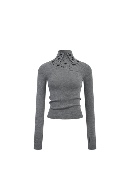 Grey Beaded Slim - fit Turtleneck Base Layer - ANN ANDELMAN