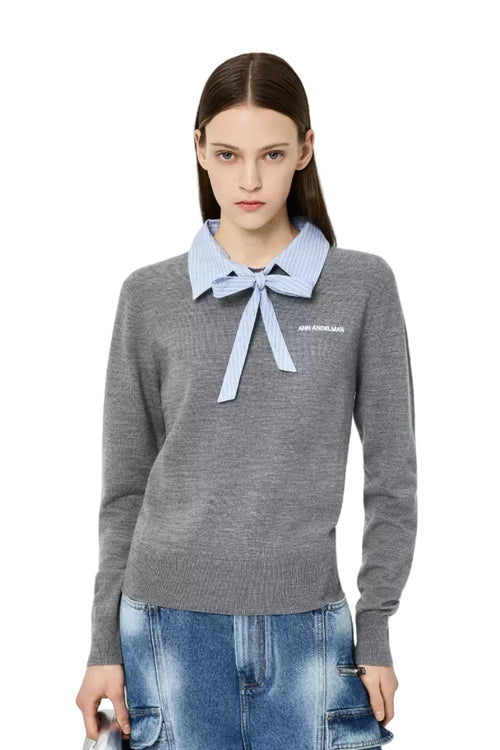Grey Bow-tie Detail Knitted Sweater - ANN ANDELMAN