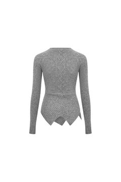 Grey Crew Neck Diamond Cable Sweater - ANN ANDELMAN