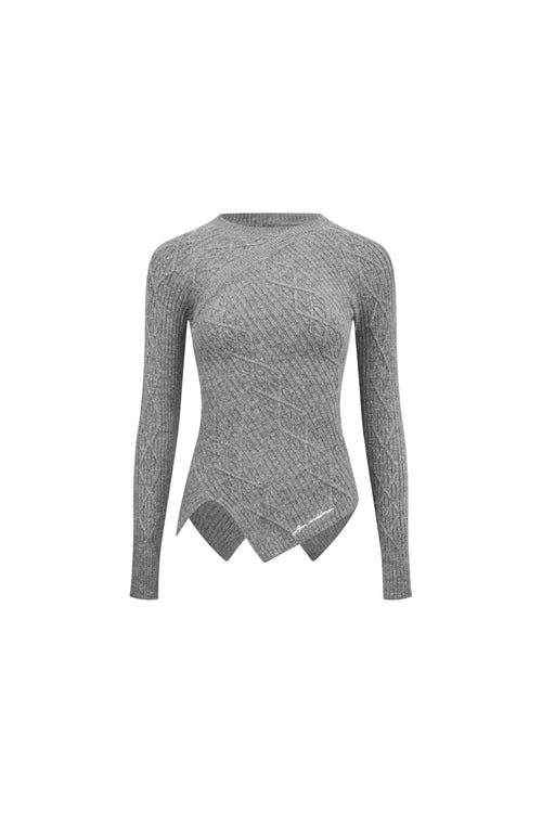 Grey Crew Neck Diamond Cable Sweater - ANN ANDELMAN