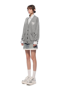 Grey Faux Two - piece Knit Top With Patchwork Shirt - ANN ANDELMAN