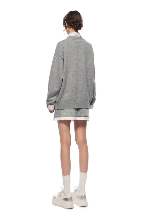 Grey Faux Two - piece Knit Top With Patchwork Shirt - ANN ANDELMAN