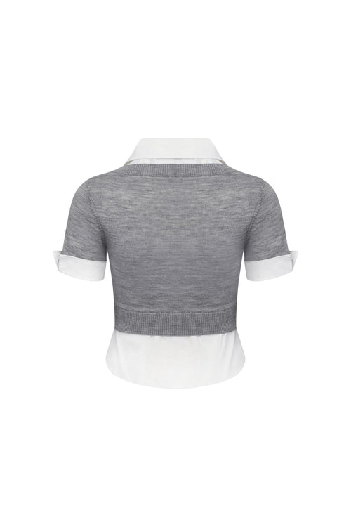 Grey Faux Two - piece Knit Vest Patchwork Shirt - ANN ANDELMAN