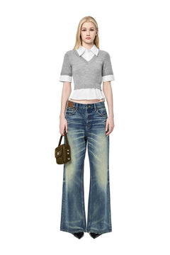 Grey Faux Two-piece Knit Vest Patchwork Shirt - ANN ANDELMAN