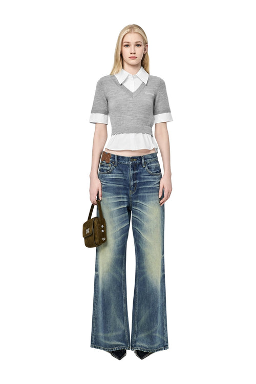 Grey Faux Two-piece Knit Vest Patchwork Shirt - ANN ANDELMAN