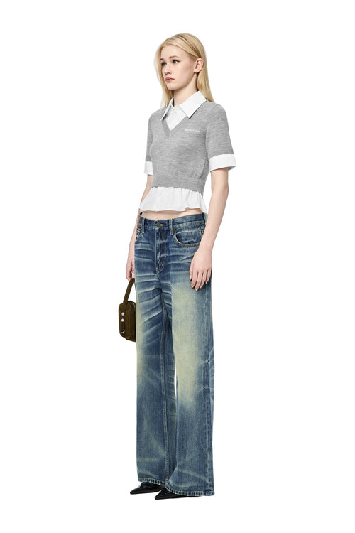 Grey Faux Two-piece Knit Vest Patchwork Shirt - ANN ANDELMAN