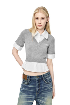 Grey Faux Two-piece Knit Vest Patchwork Shirt - ANN ANDELMAN