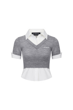 Grey Faux Two - piece Knit Vest Patchwork Shirt - ANN ANDELMAN