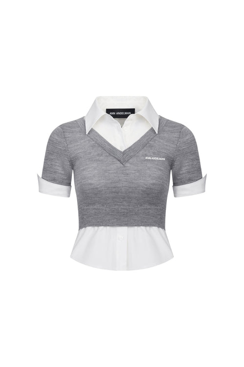 Grey Faux Two - piece Knit Vest Patchwork Shirt - ANN ANDELMAN