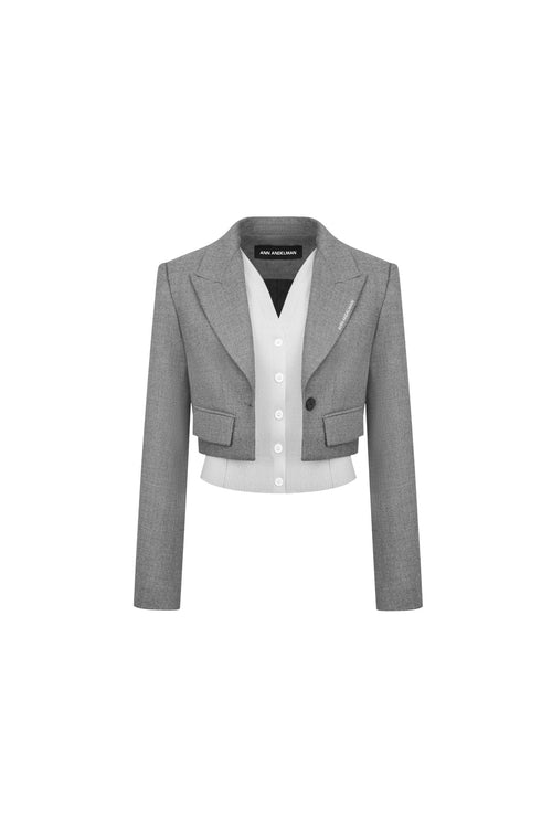 Grey Faux Two - piece Wool Patchwork Short Suit Jacket - ANN ANDELMAN