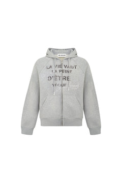 Grey Hooded Letter Print Sweatshirt Jacket - ANN ANDELMAN