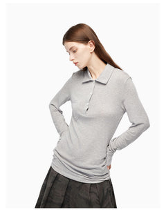 Grey Long - sleeve Polo - collar Top - ANN ANDELMAN