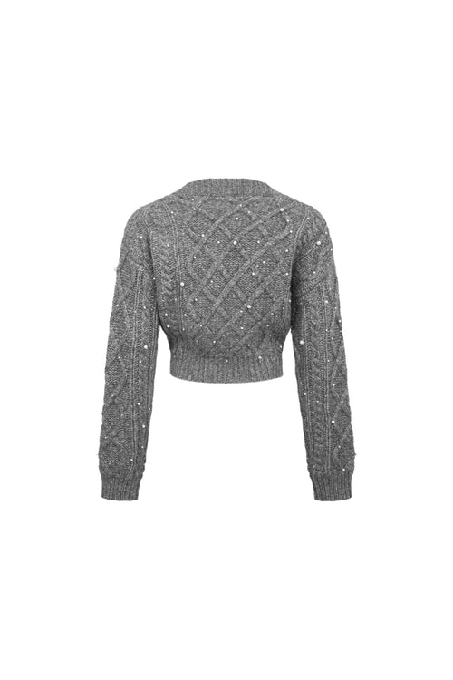 Grey Pearl Rhinestone Knitted Cropped Cardigan - ANN ANDELMAN