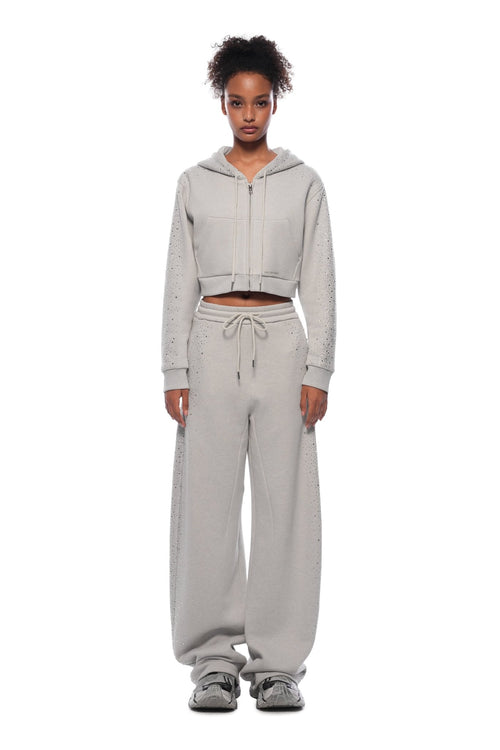 Grey Rhinestone Curved Sweatpants - ANN ANDELMAN
