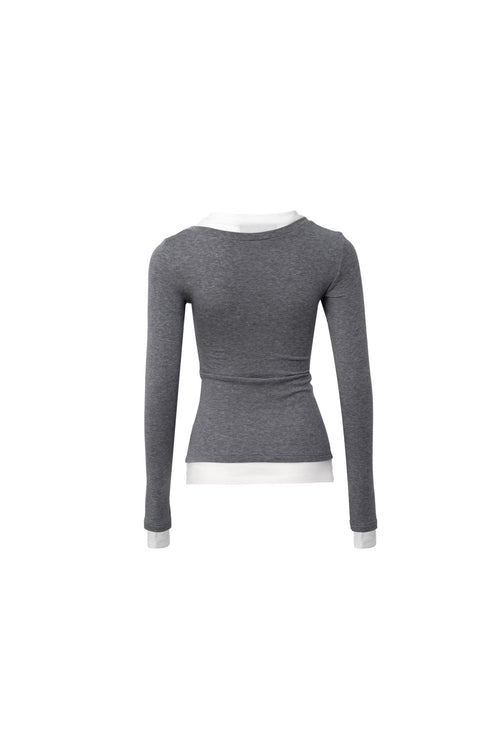 Grey Round - neck Double - collar Slim - fit Base Shirt - ANN ANDELMAN