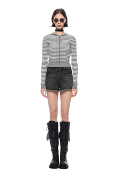 Grey Striped Hooded Knit Cardigan - ANN ANDELMAN