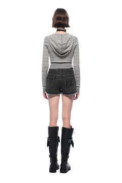 Grey Striped Hooded Knit Cardigan - ANN ANDELMAN