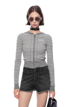 Grey Striped Hooded Knit Cardigan - ANN ANDELMAN