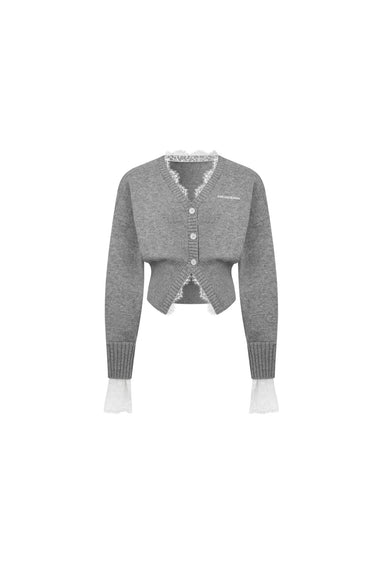 Grey V - neck Lace Patchwork Waist Knitted Cardigan - ANN ANDELMAN