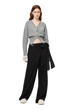 Grey V - neck Lace Patchwork Waist Knitted Cardigan - ANN ANDELMAN