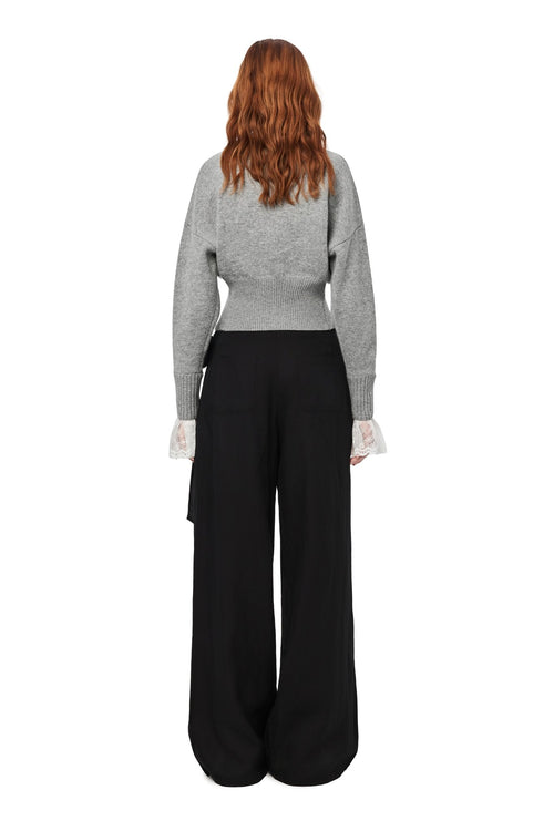 Grey V - neck Lace Patchwork Waist Knitted Cardigan - ANN ANDELMAN