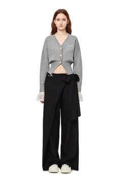 Grey V - neck Lace Patchwork Waist Knitted Cardigan - ANN ANDELMAN