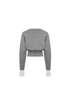 Grey V - neck Lace Patchwork Waist Knitted Cardigan - ANN ANDELMAN