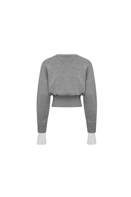 Grey V - neck Lace Patchwork Waist Knitted Cardigan - ANN ANDELMAN