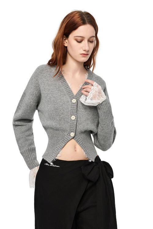 Grey V - neck Lace Patchwork Waist Knitted Cardigan - ANN ANDELMAN