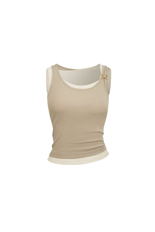Khaki Faux Two - piece Vest with Metallic Details - ANN ANDELMAN