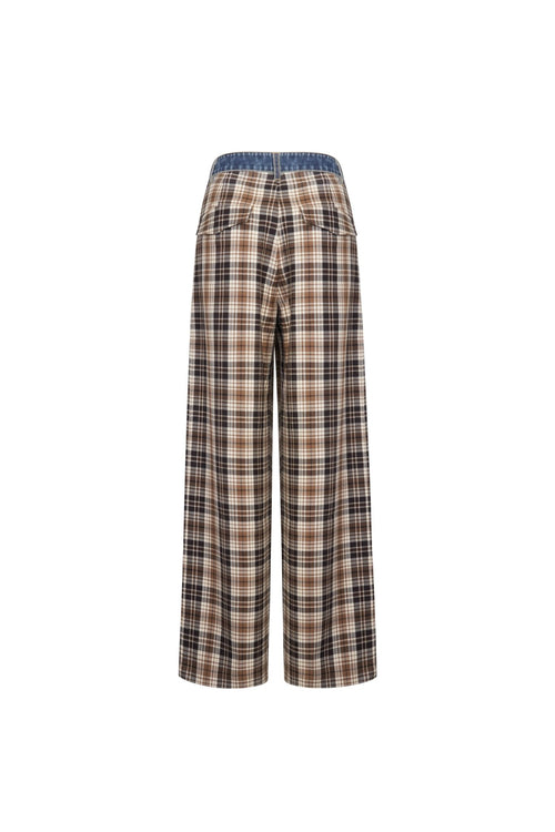 Khaki Patchwork Denim Checkered Trousers - ANN ANDELMAN
