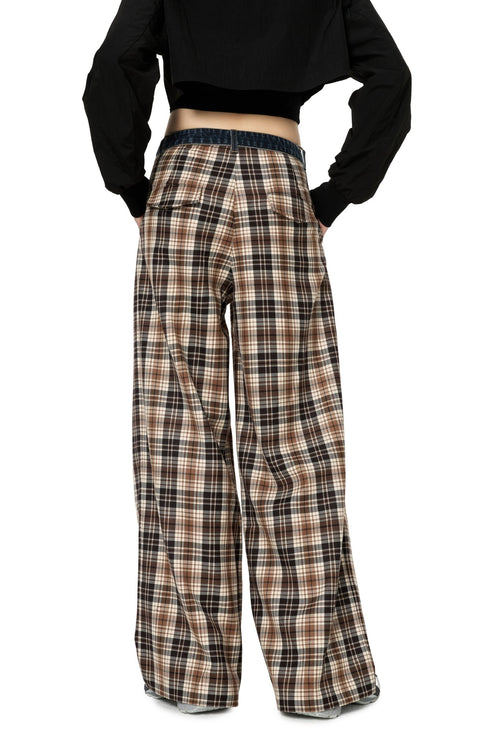 Khaki Patchwork Denim Checkered Trousers - ANN ANDELMAN