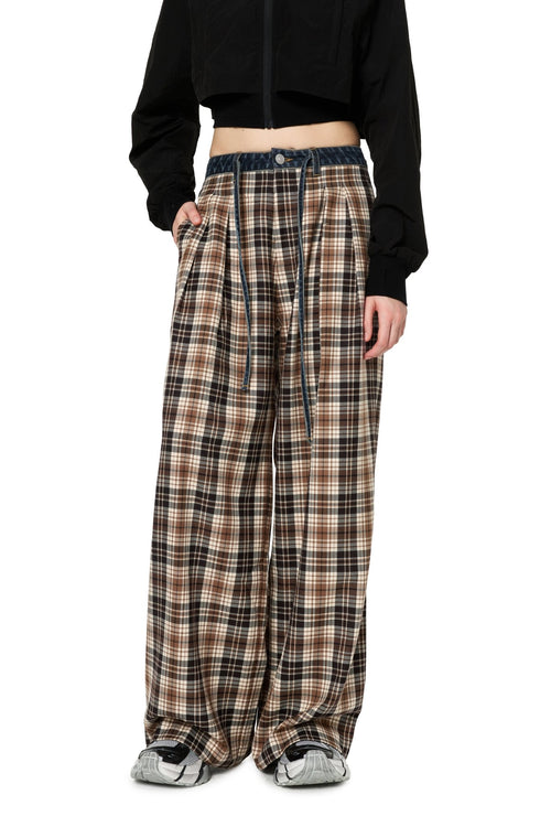 Khaki Patchwork Denim Checkered Trousers - ANN ANDELMAN