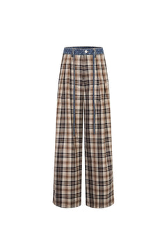 Khaki Patchwork Denim Checkered Trousers - ANN ANDELMAN