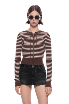 Khaki Striped Hooded Knit Cardigan - ANN ANDELMAN