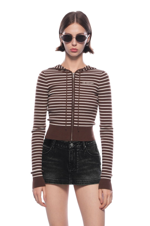 Khaki Striped Hooded Knit Cardigan - ANN ANDELMAN