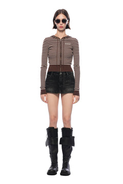 Khaki Striped Hooded Knit Cardigan - ANN ANDELMAN