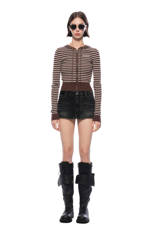 Khaki Striped Hooded Knit Cardigan - ANN ANDELMAN