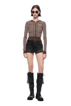 Khaki Striped Hooded Knit Cardigan - ANN ANDELMAN