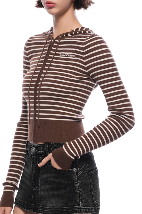 Khaki Striped Hooded Knit Cardigan - ANN ANDELMAN