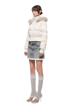 Light Apricot Hooded Down Jacket With Detachable Fur Collar - ANN ANDELMAN