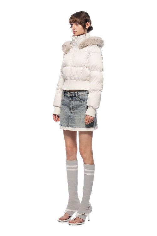 Light Apricot Hooded Down Jacket With Detachable Fur Collar - ANN ANDELMAN